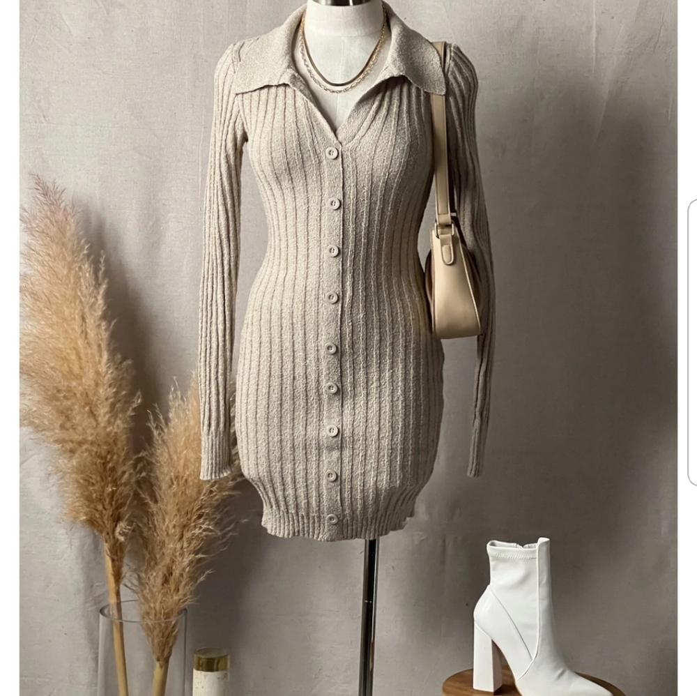 🆕️It Girl Collection//Oat Long Sleeve Button down Mini Dress - Picture 3 of 9